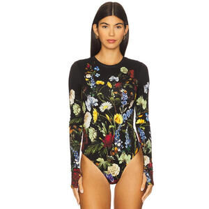 Alice + Olivia Olea Crewneck Long Sleeve Bodysuit Social Hour Black  S  $330msrp